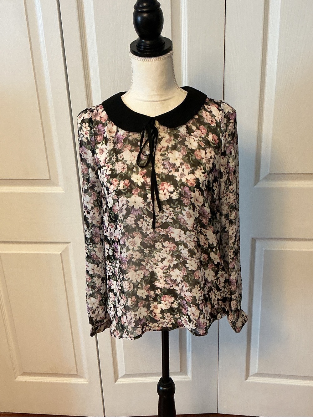 Forever 21 Black Sheer Floral Blouse with Black Peter Pan Collar and Tie